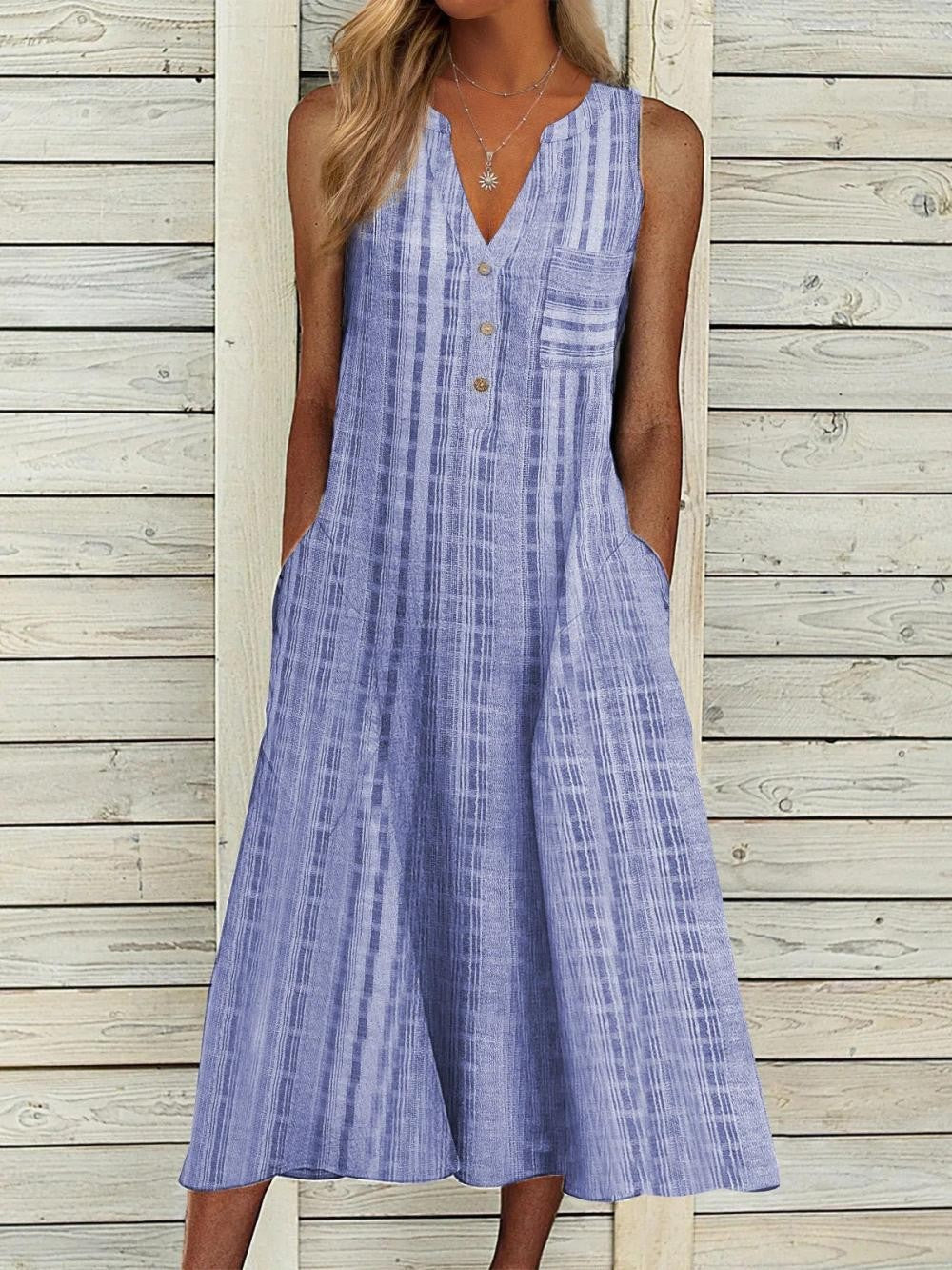 Comfy V-Neck Midi Dress with Pockets - Nocini