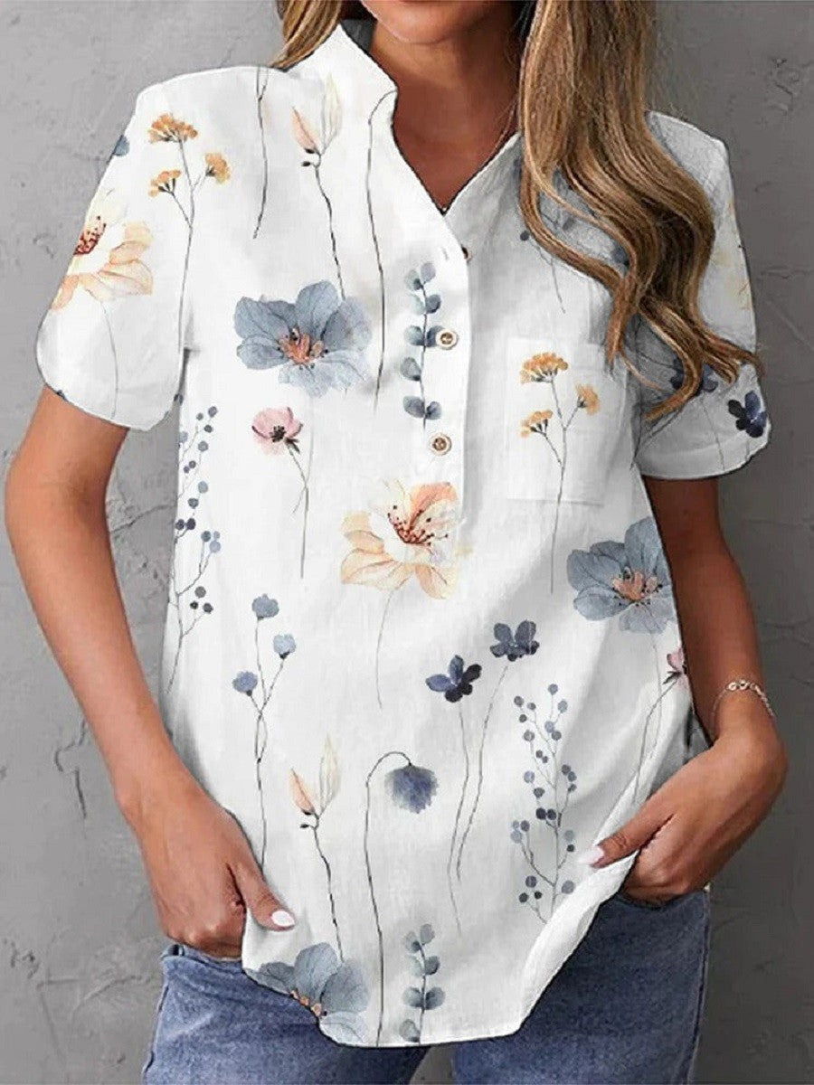 Casual V-Neck Floral Short Sleeve Women's Top - Nocini