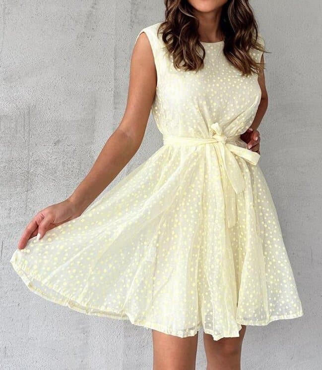 Yellow Dot Women's Belted Short Sleeve Dress - Nocini