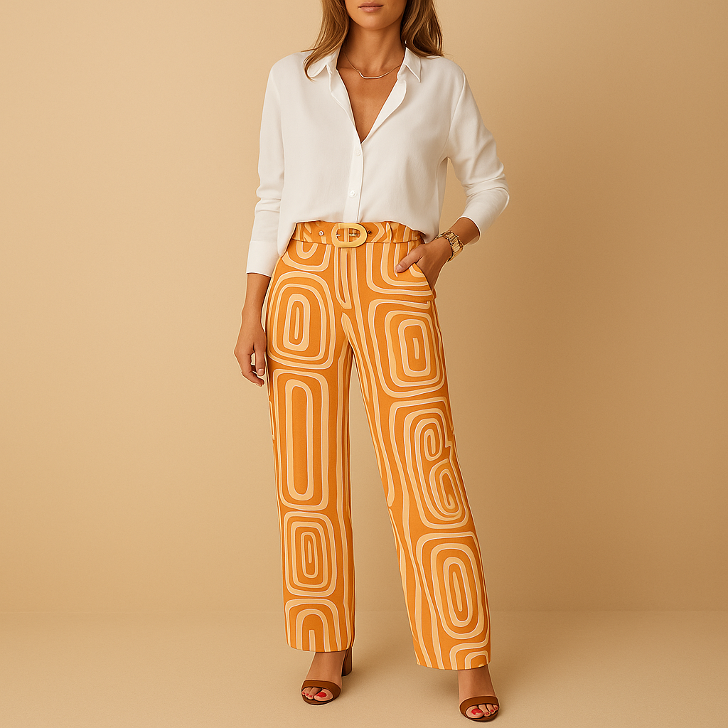 Elegant two-piece set for women with long-sleeve blouse and straight-leg pants, perfect for work, evenings, or everyday wear.