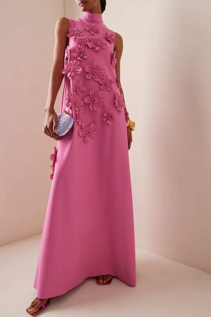 Loose Fit Maxi Dress with Floral Embellishments and High Neckline - Nocini