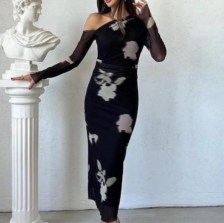Sleek Off-the-Shoulder Printed Chiffon Dress - Nocini