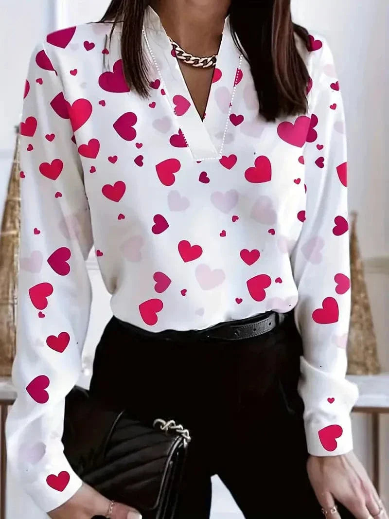 Women's Casual V-Neck Blouse with Floral Pattern