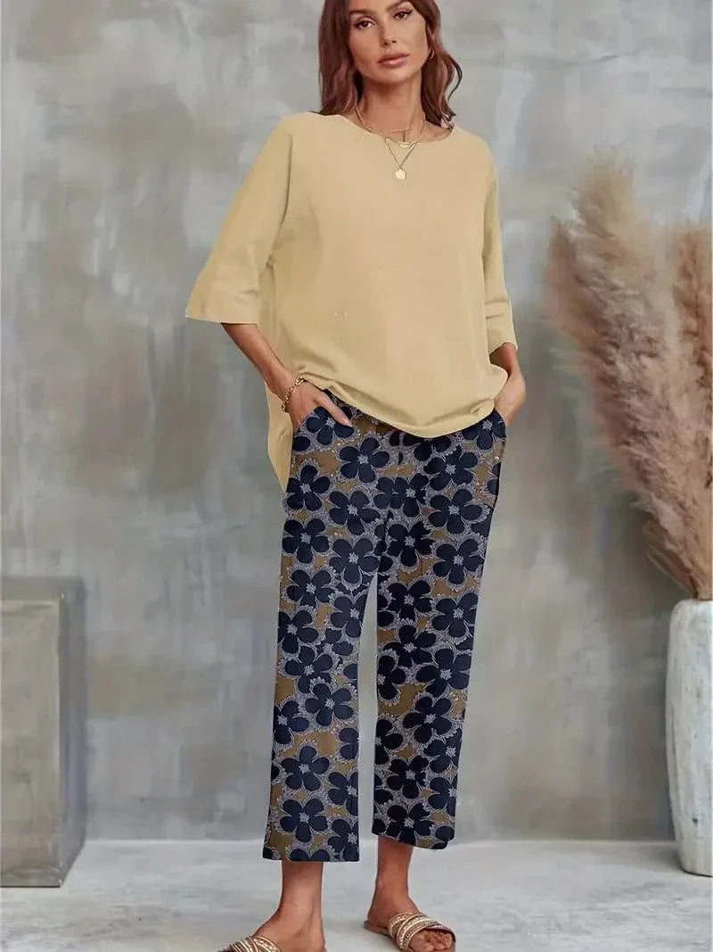 Relaxed Fit Tunic and Floral Wide Leg Pants Set