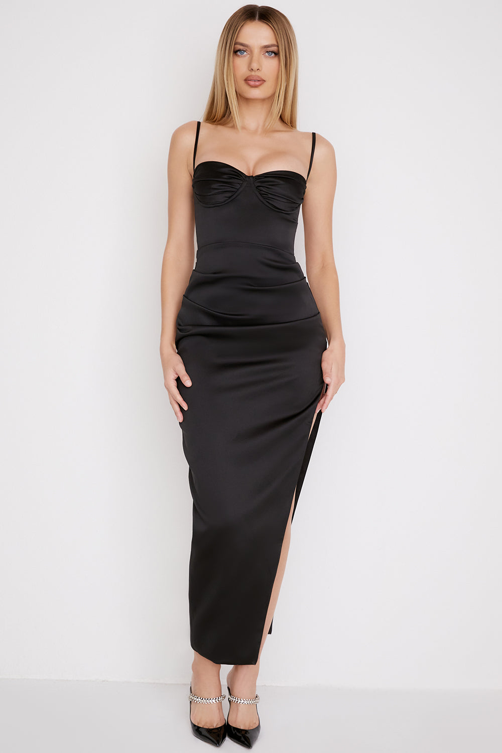 Elegant Women's Midi Dress with Slit and Thin Straps - Nocini