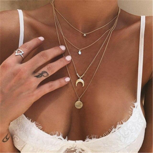 Layered Crescent Moon Pendant Necklace - Pexav