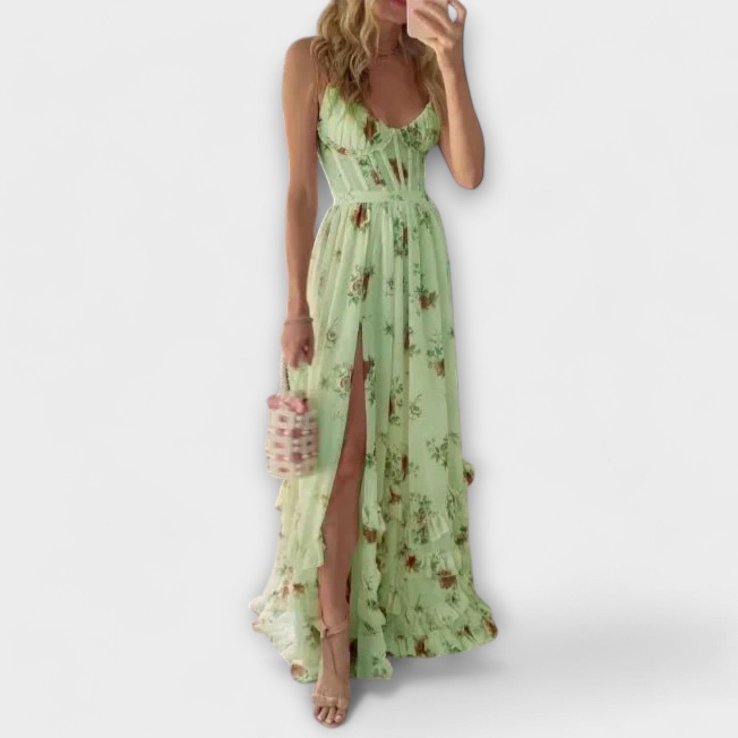 Elegant Rose Print Formal Evening Gown