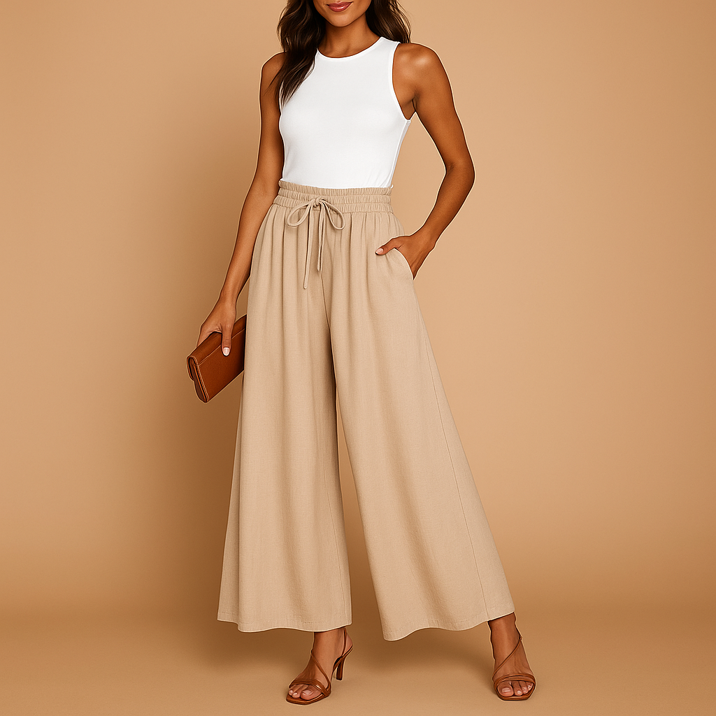 Women’s high waist wide leg pants with elastic waistband, designed for comfort and elegance, ideal for work, casual wear, or formal occasions.