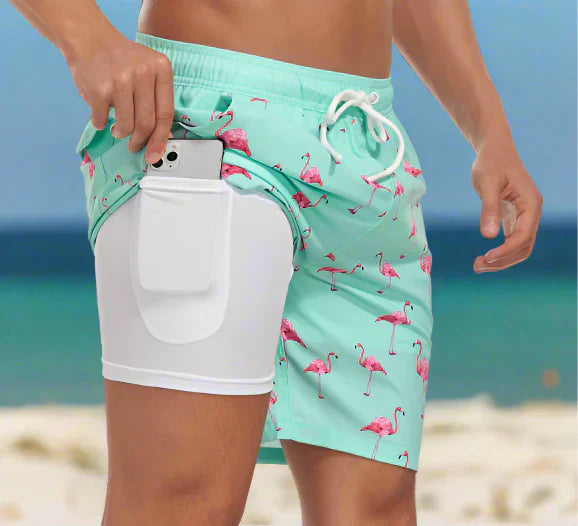 Stylish Mens Beach Shorts with Liner and Phone Pouch