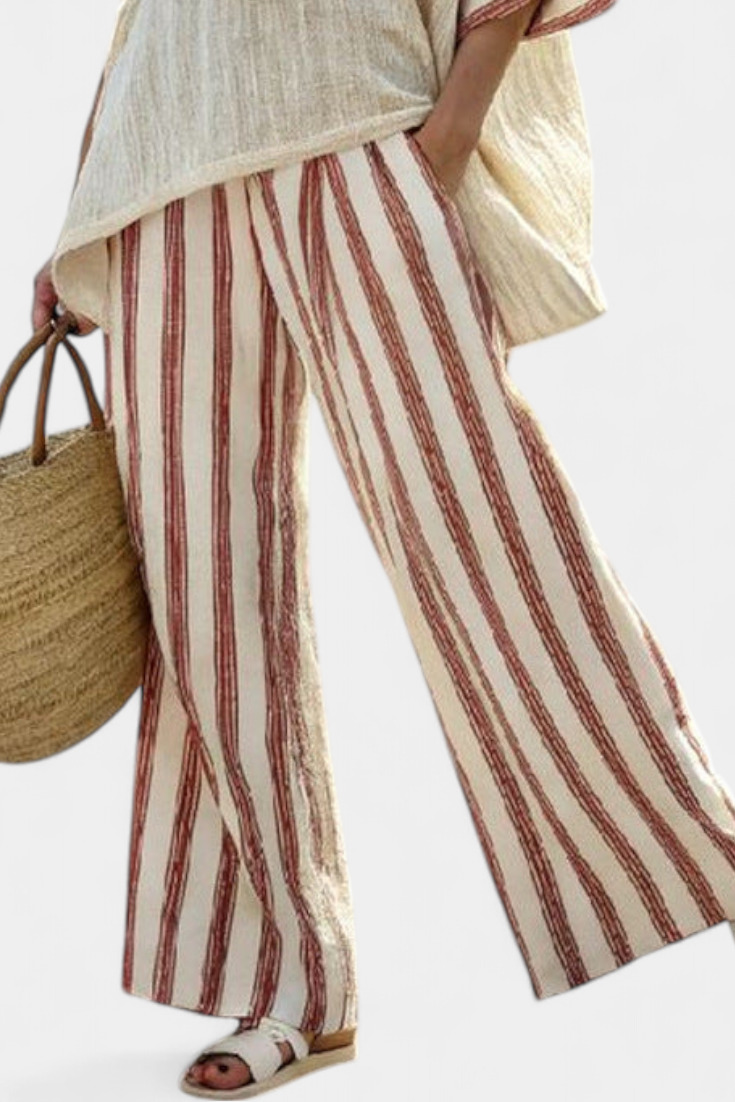 Classic Casual Striped Shirt & Beige Linen Trousers