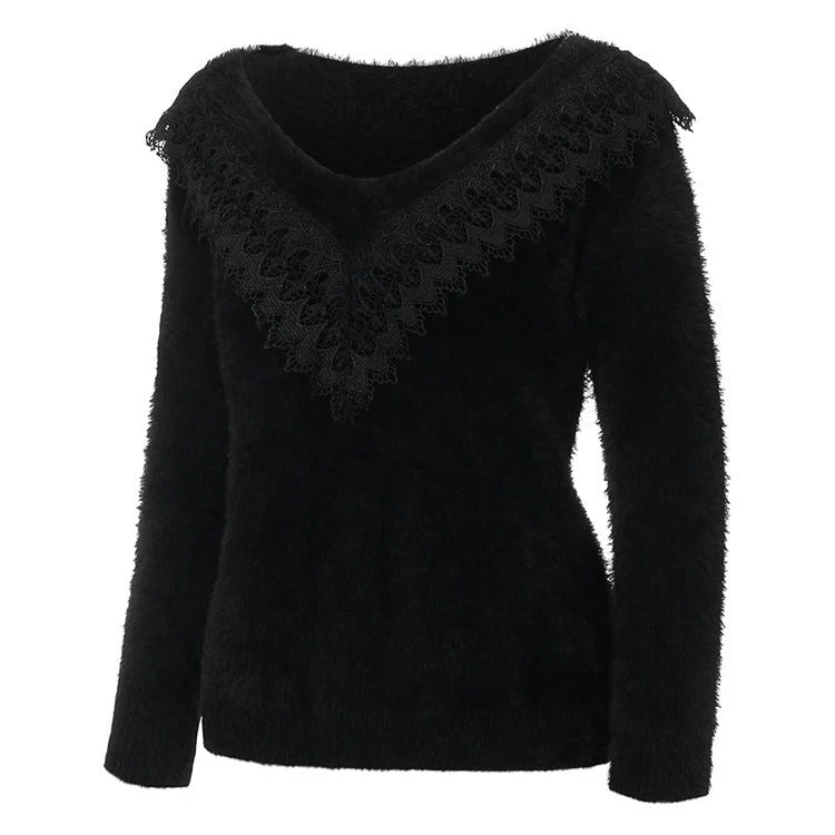 Women's Cozy Fuzzy Sweater Long Sleeve Lace Top - Nocini