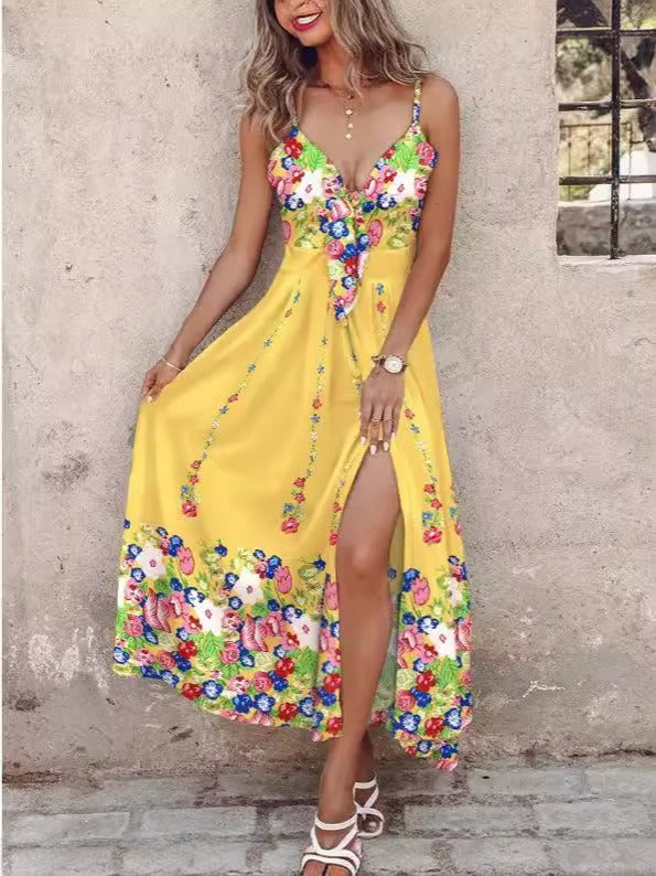 Long Floral Maxi Dress with V Neck and Slit