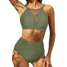 Women's High Waist Bikini Set with Lace Up Top