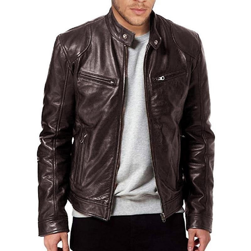 Men's Faux Leather Biker Jacket Slim Fit Zip Pockets