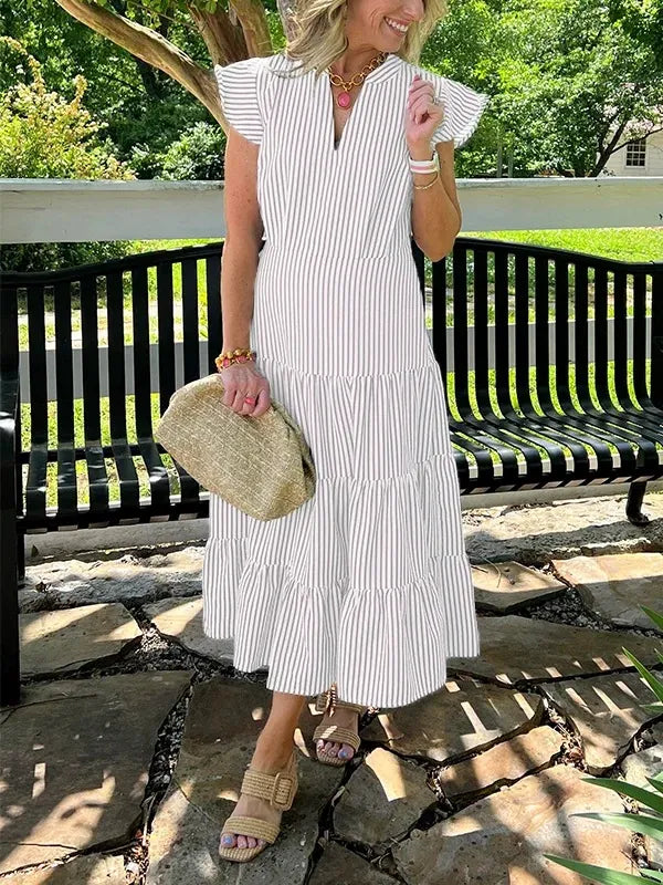 Casual Striped V-Neck Midi Dress for Women