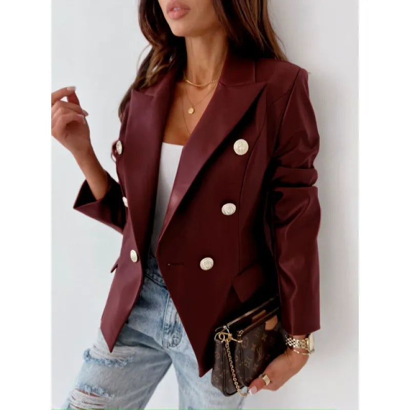 Women's Faux Leather Jacket - Fitted Double Breasted Coat