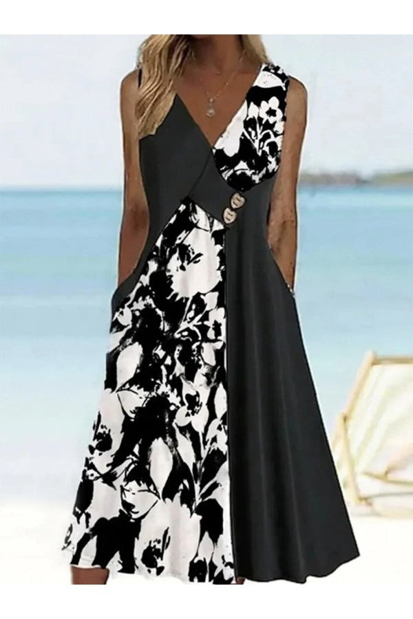 Casual Summer Dress Sleeveless V Neck Floral Print - Nocini