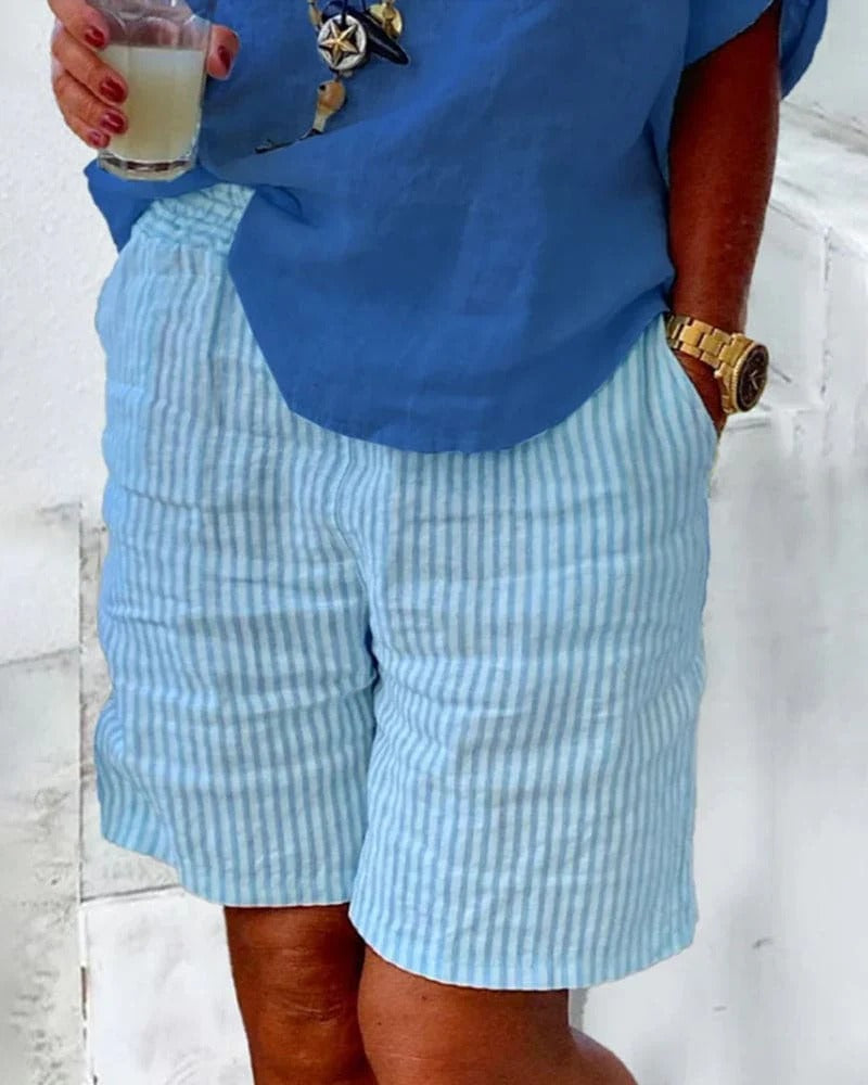 Comfy Women's Striped Shorts Elastic Waist Casual Wear
