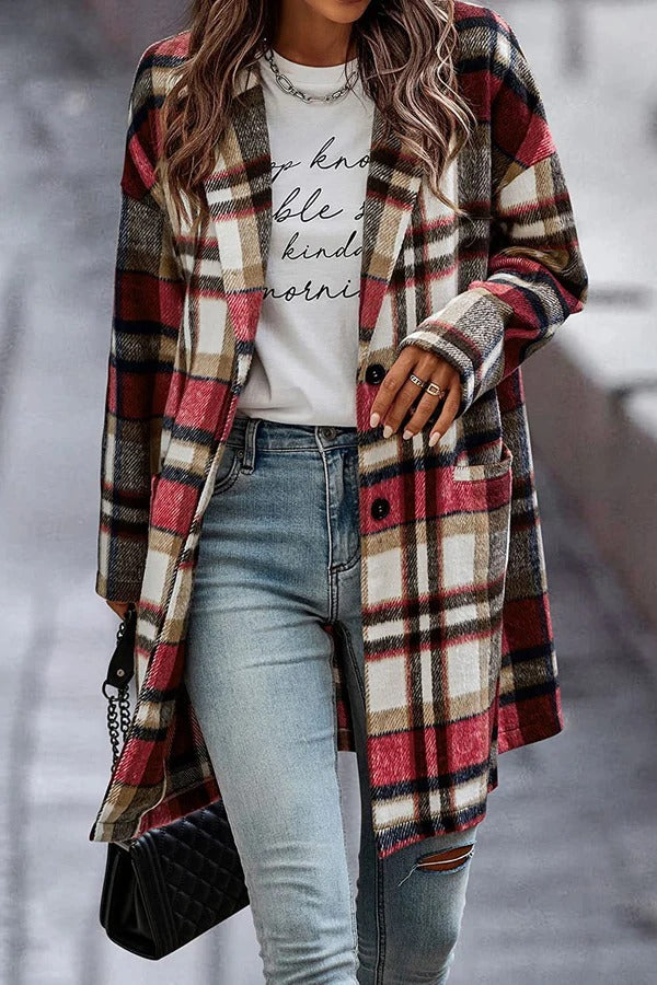 Ladies Plaid Wool Coat with Button Front