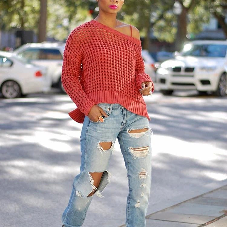 Cozy Oversized Off Shoulder Open Knit Sweater - Nocini