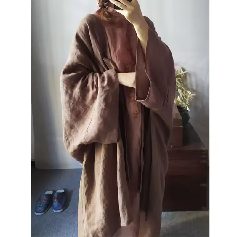 Relaxed Fit Open Front Women's Linen Coat - Nocini