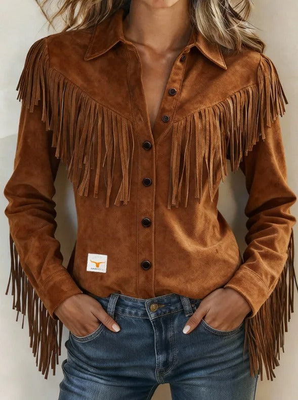 Jasmine | Women's Fringe Long Sleeve Button-Down Blouse - Image 3