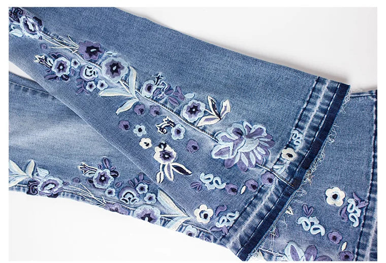Ladies Comfortable Flare Jeans with Floral Details