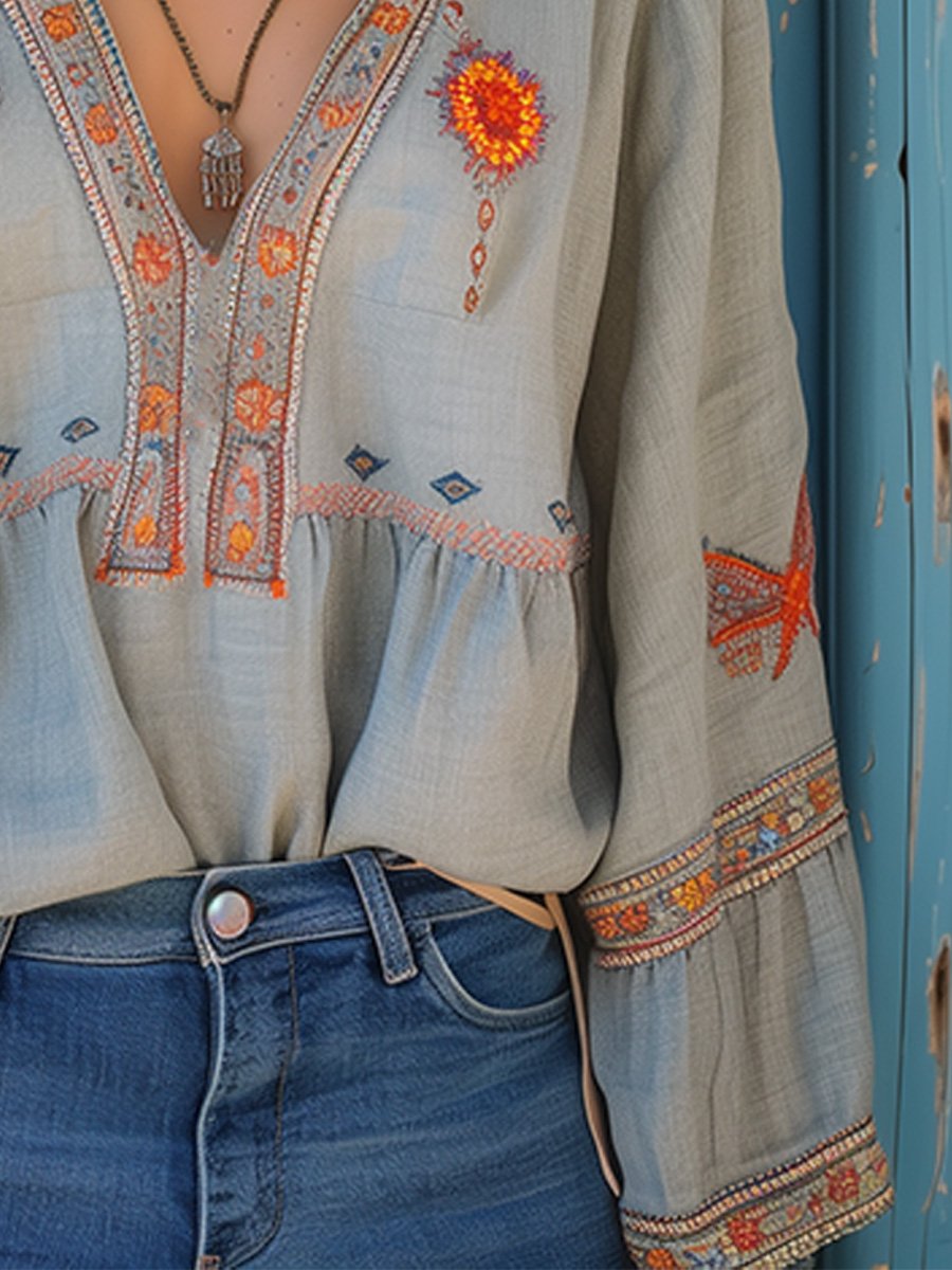 Ladies' Elegant V Neck Long Sleeve Embroidered Top