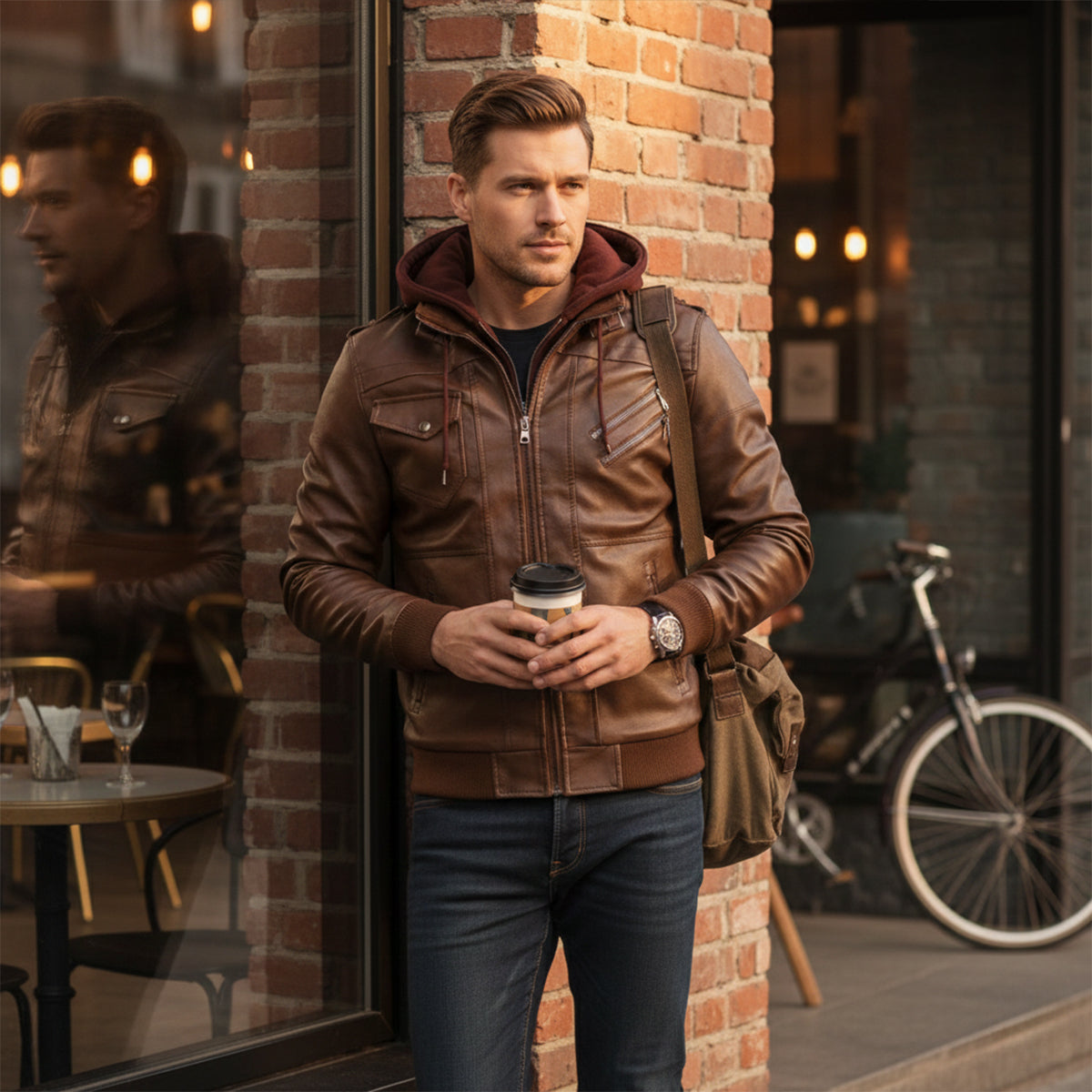 Classic Mens Vintage Leather Hoodie Jacket with Pockets