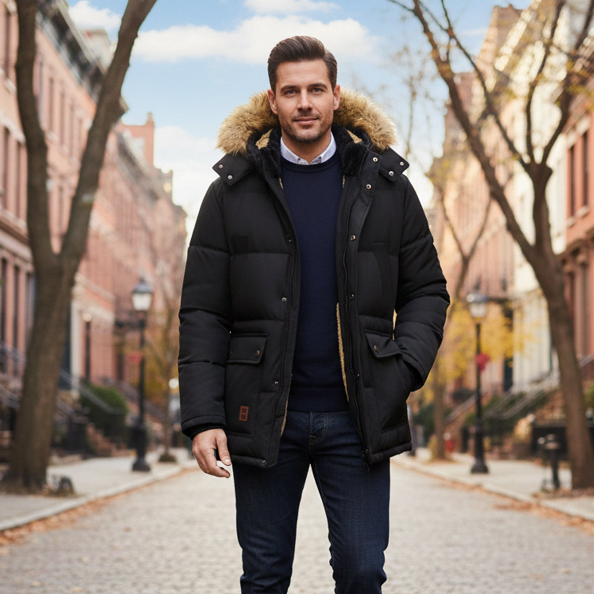 Warm Men's Hooded Parka Jacket with Faux Fur Collar