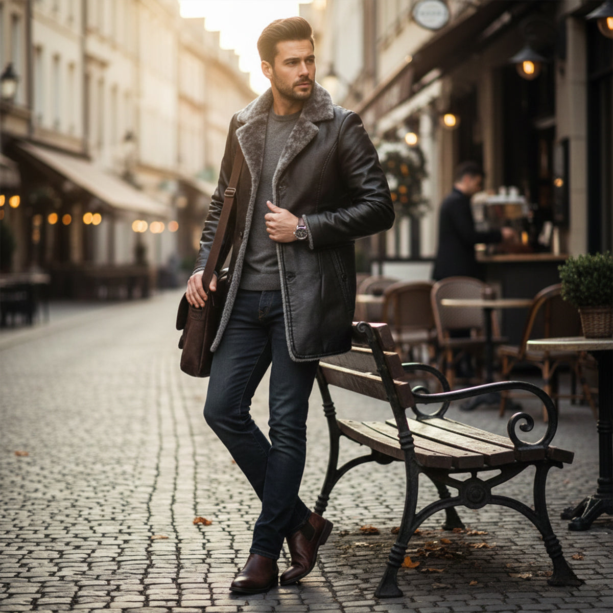 Warm Men's Leather Fur Lined Winter Coat