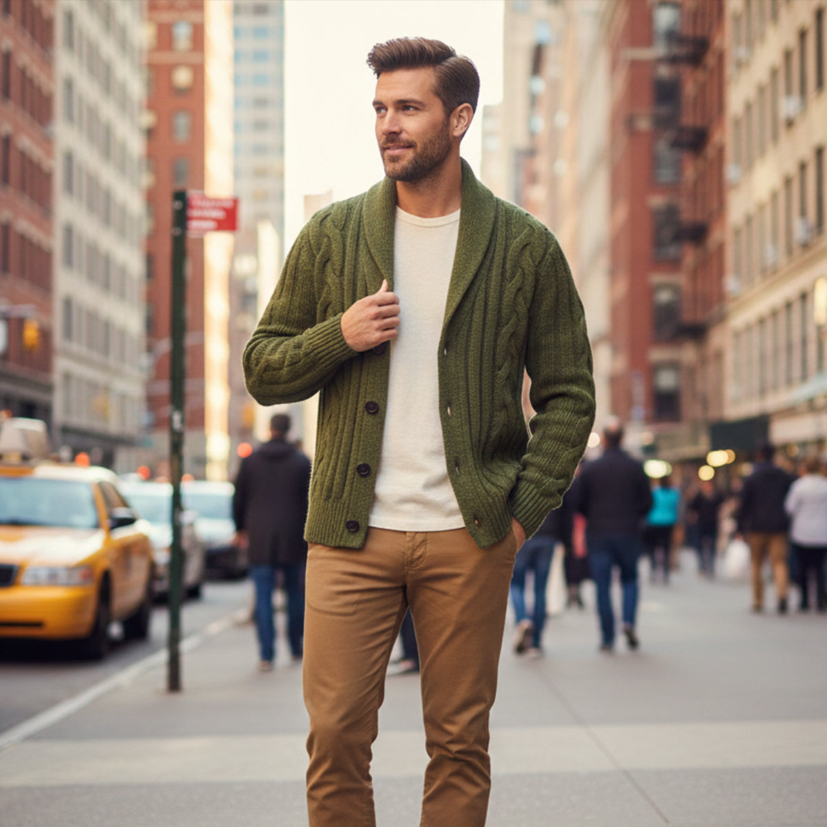 Warm Mens Cable Knit Crew Neck Cardigan Sweater