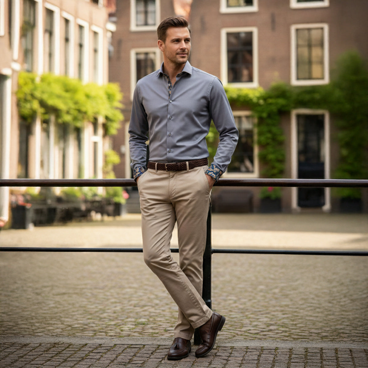 Slim Fit Gray Cotton Dress Shirt for Men