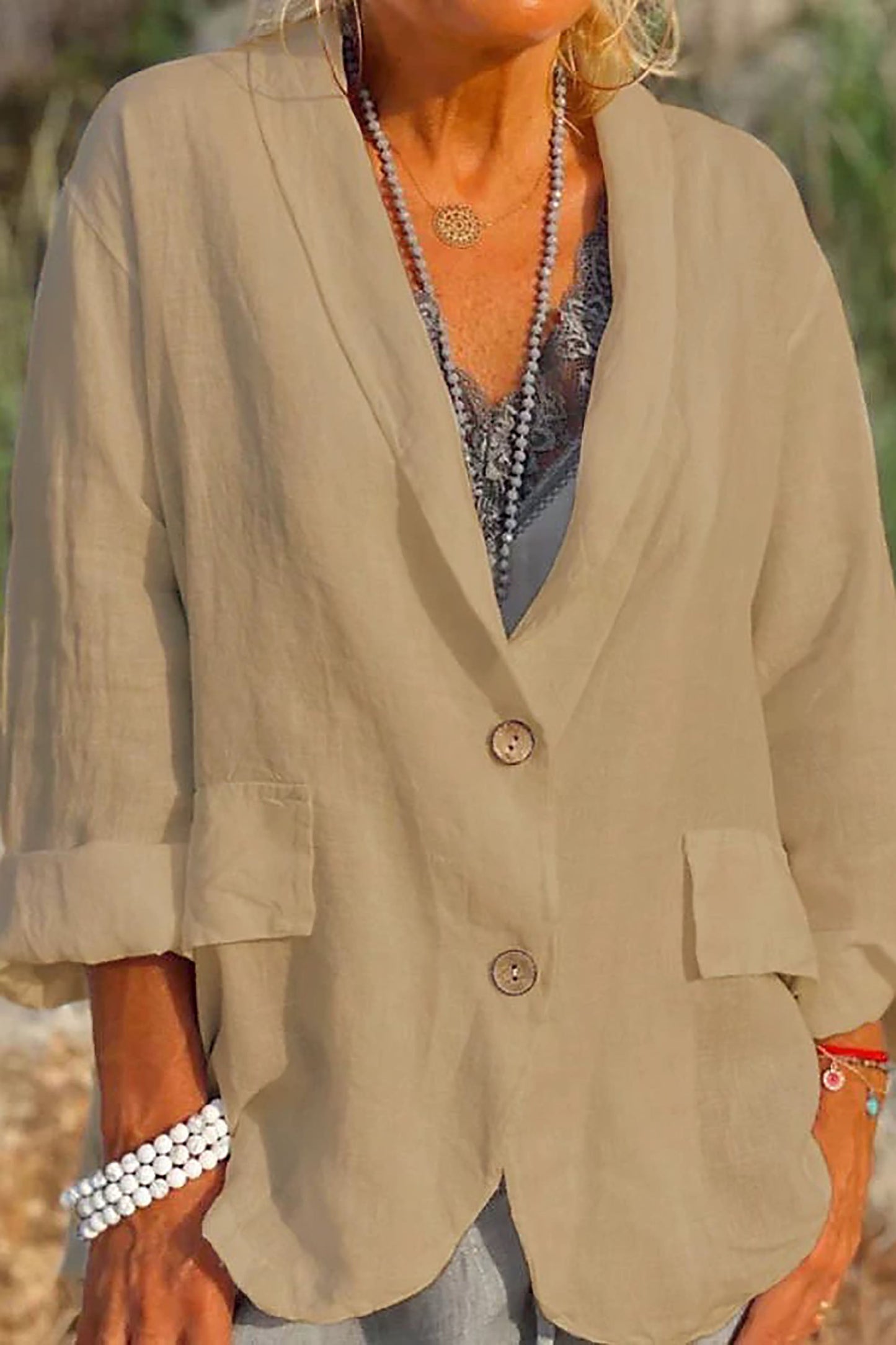 Light linen blazer for women with buttons – Clara-Khaki-S-Nora Luxe
