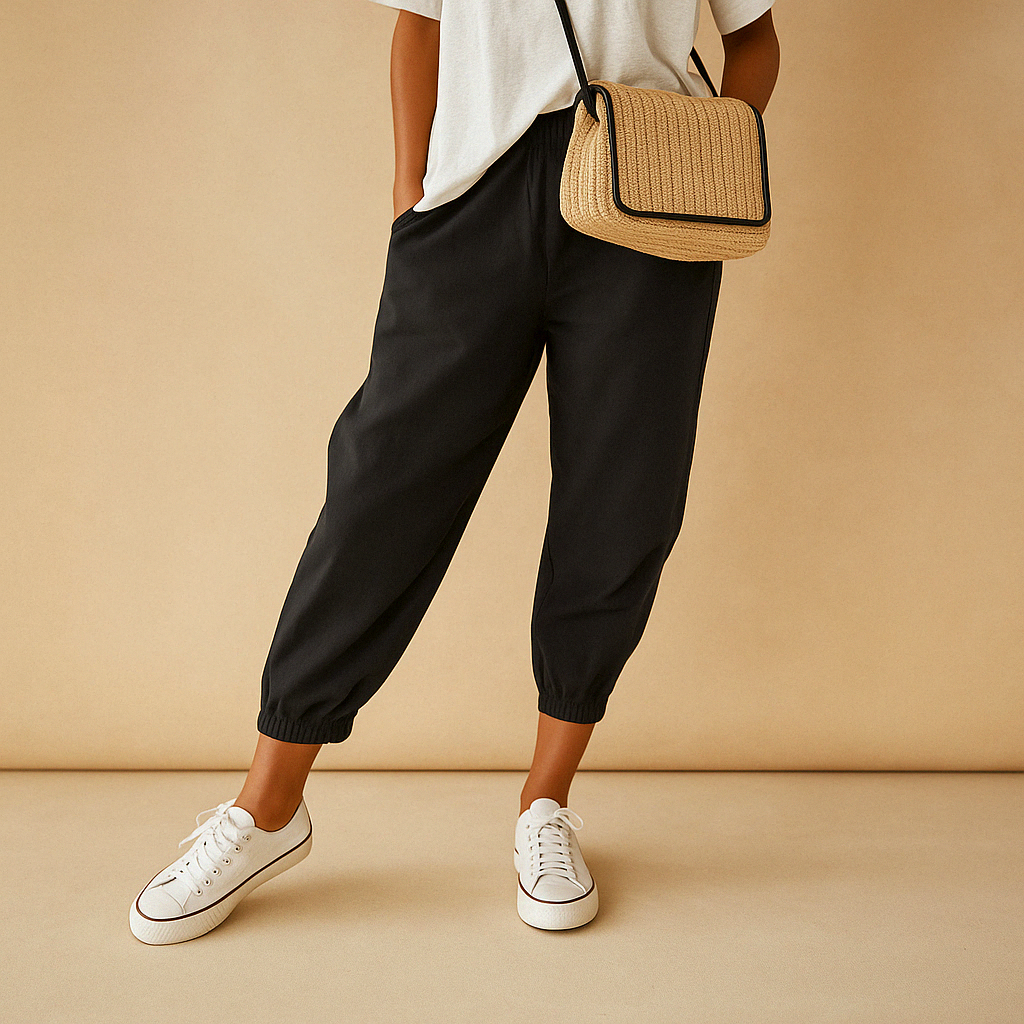 Women’s lightweight summer pants with breathable fabric and loose fit, available in beige, white, green, blue, and black. Perfect for warm days.