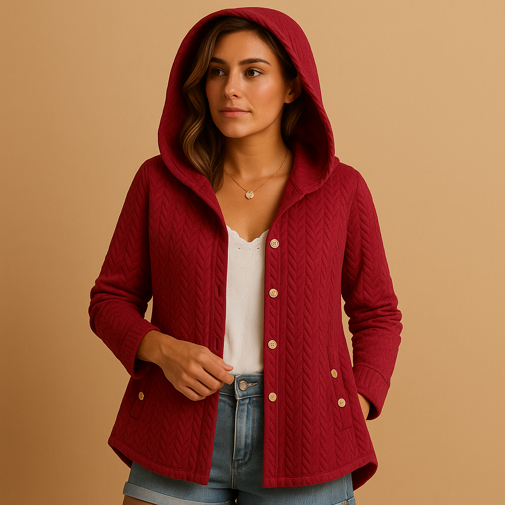 Women’s long winter coat with hood and button closure, designed for cold days, layering, and everyday city wear.