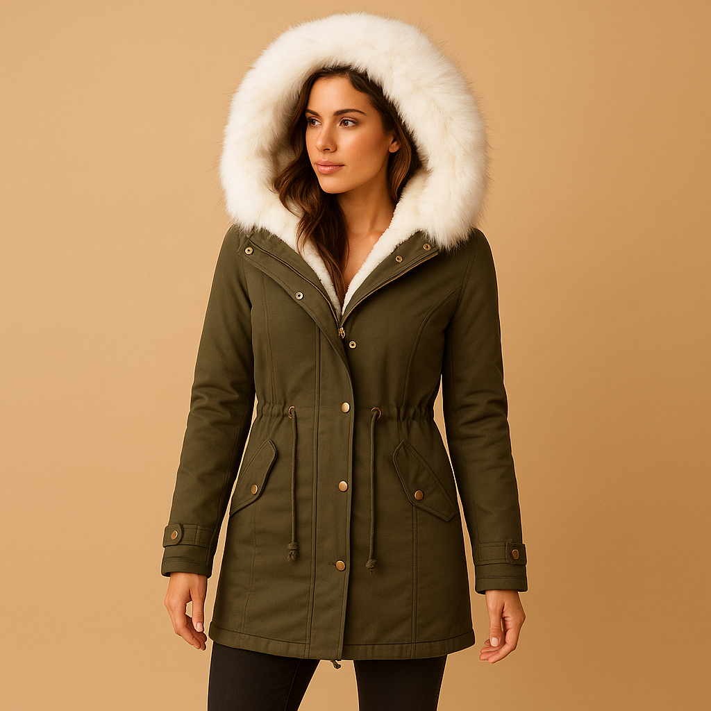 Women’s long winter coat with a faux fur hood, warm lining, and elegant fit, suitable for cold weather, winter walks, city trips, and travel.