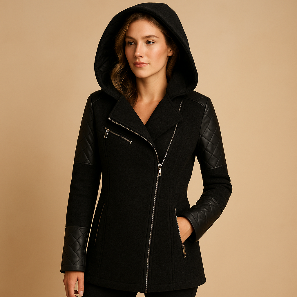 Women’s long winter coat with hood and modern silhouette, suitable for cold days, everyday winter wear, and formal or casual occasions.