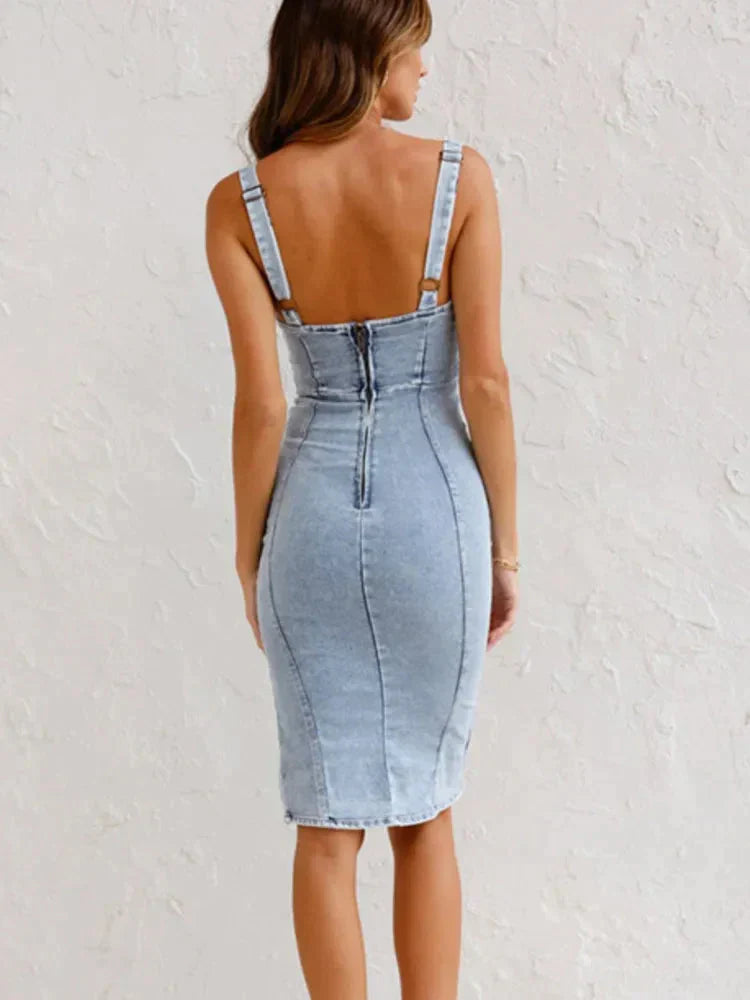 Women's Chic Blue Jeans Midi Dress