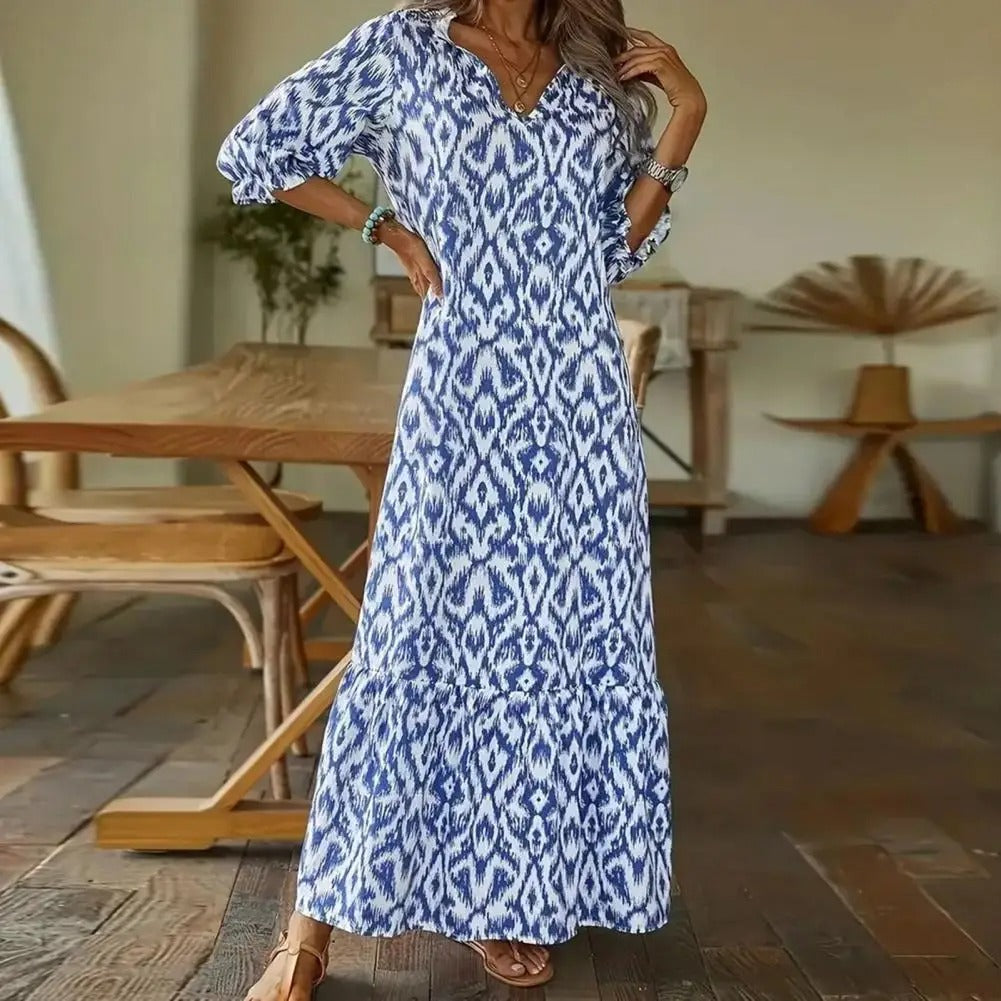 Ladies Floral Long Maxi Dress with Ruffled Hem Sleeves