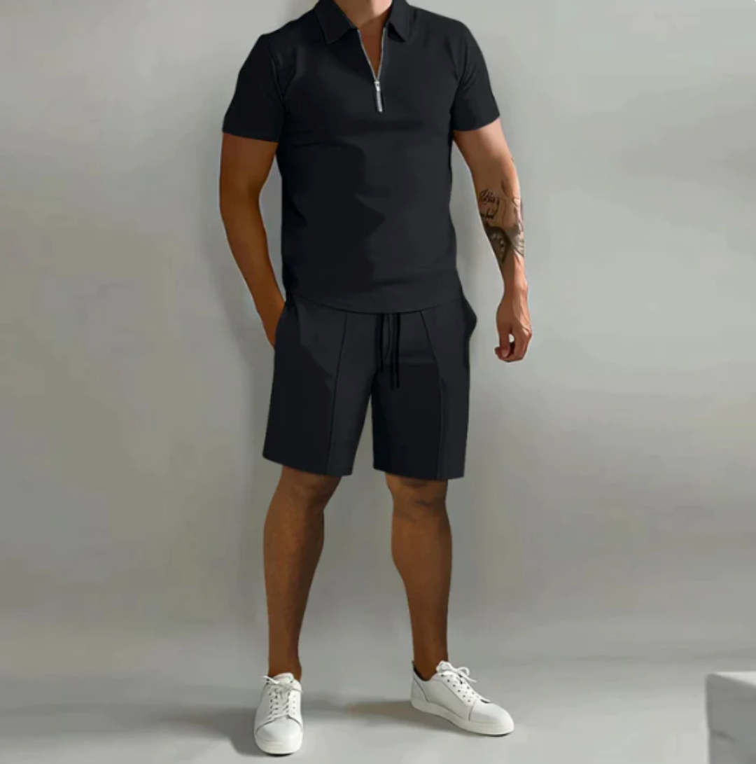 Men's sports set polo with zip and shorts summer style - Dario-Black-S-Nora Luxe