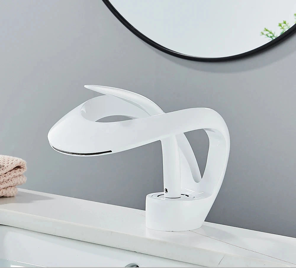 Messing Basin Mixer Tap with Waterfall Spout - Flowarc-White-The Livary