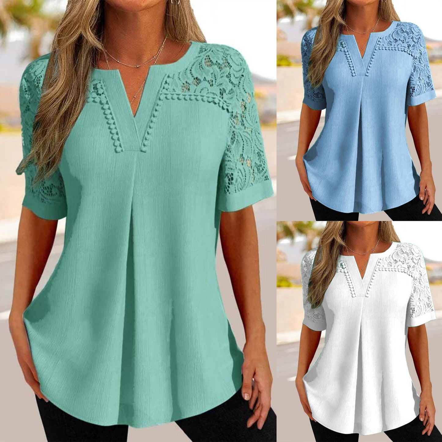 Feminine Lace Trim V Neck Women's Blouse