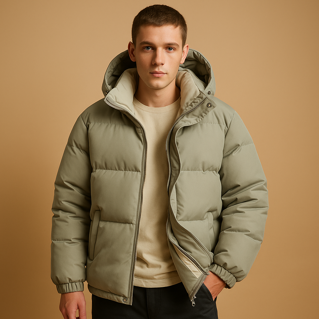 Men’s modern puffer jacket with hood and padded insulation, offering warmth, comfort, and a sporty style for winter and outdoor wear.