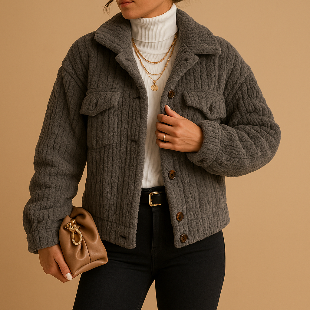 Women’s oversized boxy jacket with pearl buttons and seamless flap pockets, suitable for transitional seasons, layering, and everyday outfits.