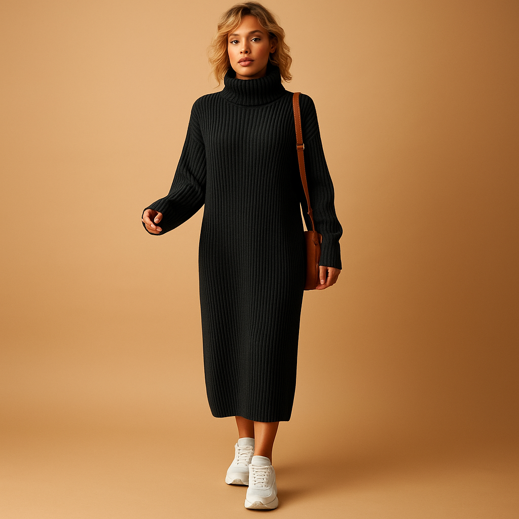 Oversized knitted sweater dress for women with long sleeves and soft fabric, perfect for autumn walks, cozy winter days, and casual outings.