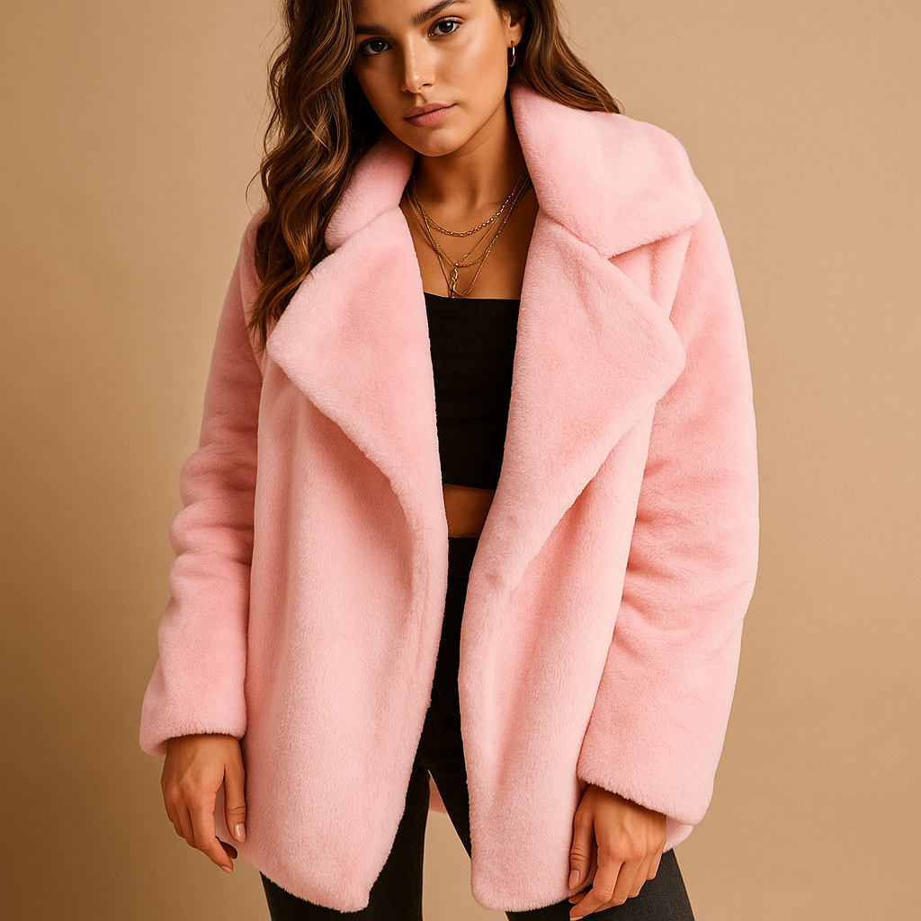 Women’s plush winter coat with lapel collar and side pockets, featuring a medium-length fit for daily wear, work, and elegant winter outings.