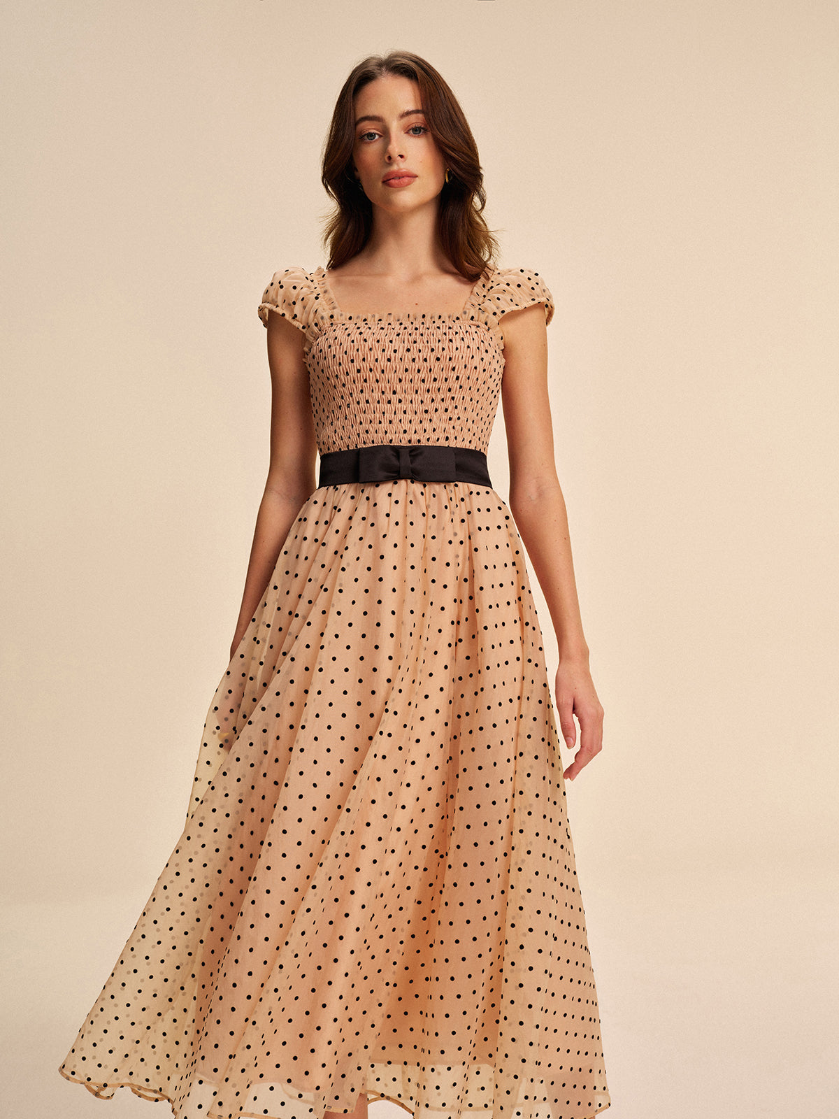 Spot Print Dress With Adjustable Waist Belt