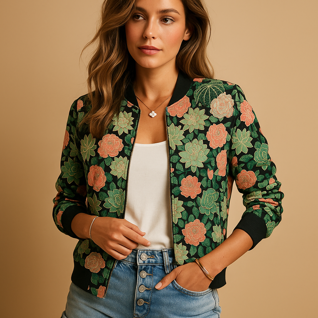 Women’s printed lightweight summer jacket with a relaxed fit and breathable design, ideal for warm days, travel, and casual city outings.
