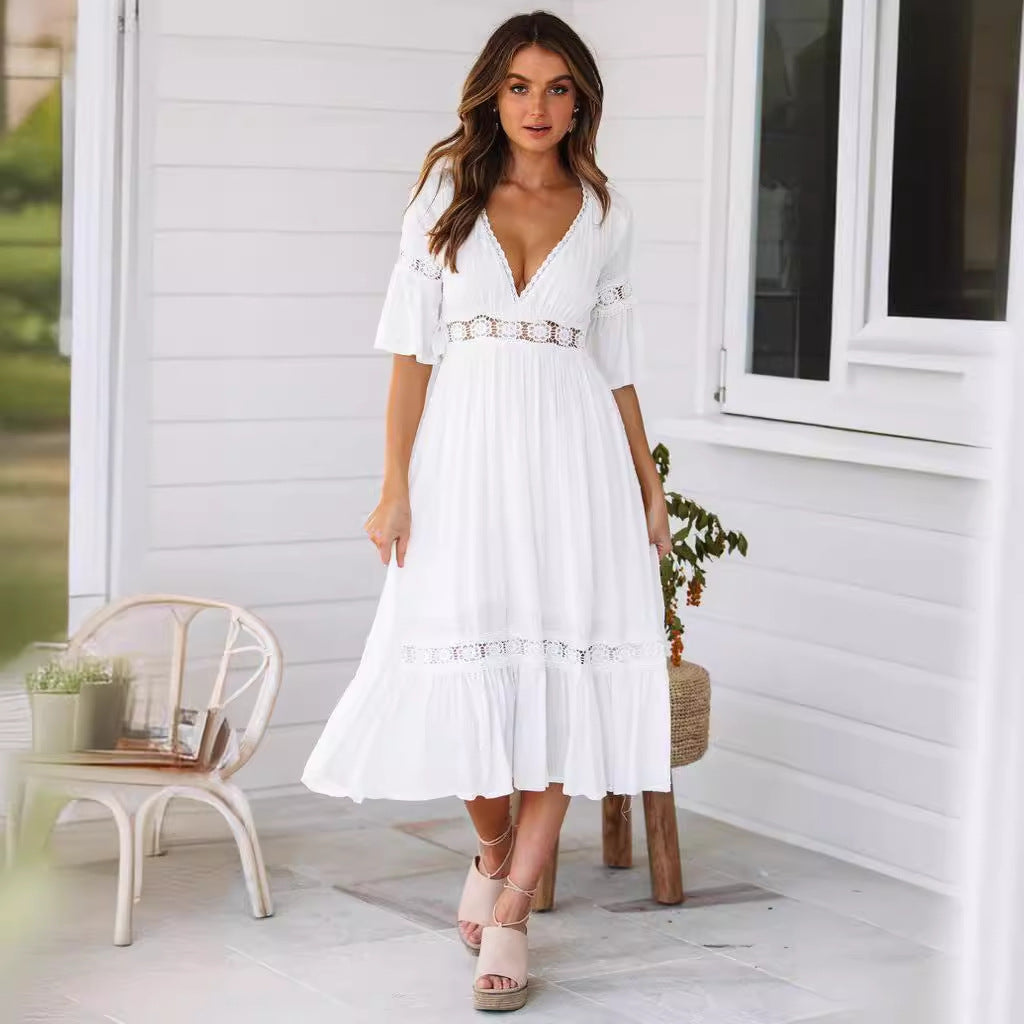 Beautiful White Lace Midi Dress for Women - Nocini